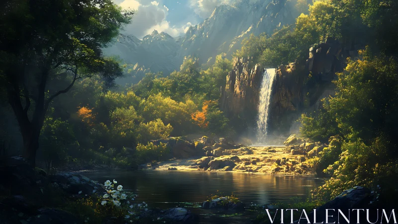 Sunlit mountain waterfall over forest pool in golden mist