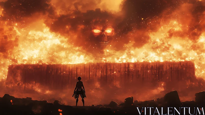 Lone warrior confronts infernal titan above burning wall.