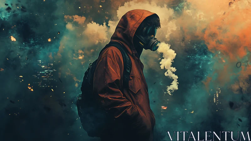 Hooded urban wanderer in toxic neon fog with gas mask silhouette.