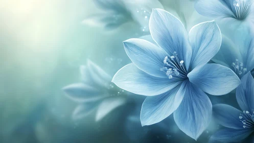 Ethereal Blue Petals Dance Through Luminous Dreaming Depths