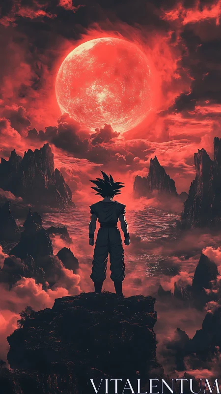 Silhouetted warrior on rocky cliff under red celestial body.