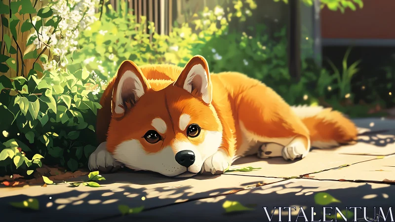 Orange corgi lies on sunlit patio near dense garden plants