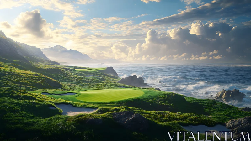 Coastal golf green beside rocky shoreline and open sea.