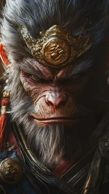 Rendered close-up depicts armored simian warrior face
