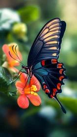 Vibrant black butterfly on orange flower in soft bokeh garden.