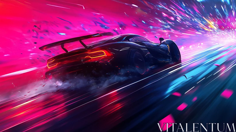 Neon hypercar races through a cyber highway at blazing speed.