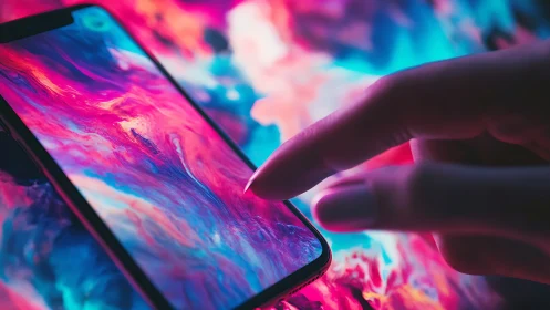 Smartphone screen with abstract neon gradients in use.