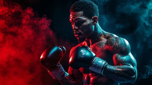 Champion's Shadow: Tattooed Boxer Emerges Through Crimson Haze.