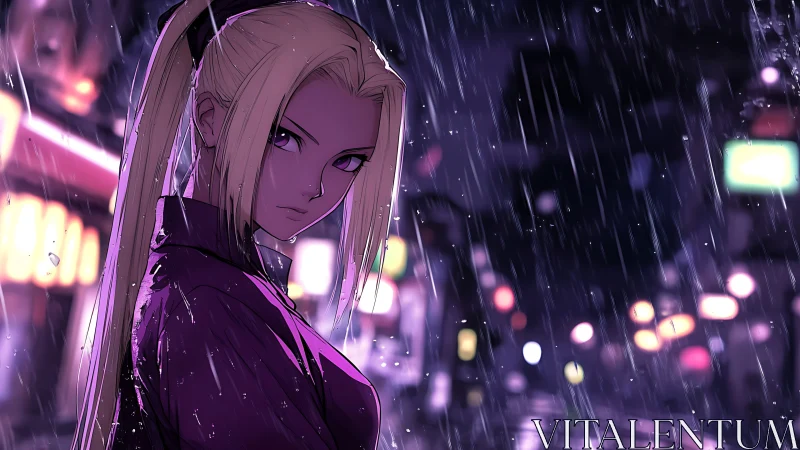 Blonde anime woman under neon rain on city street.