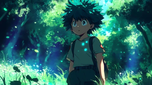 Forest-bathed anime boy wandering through glittering daylight.