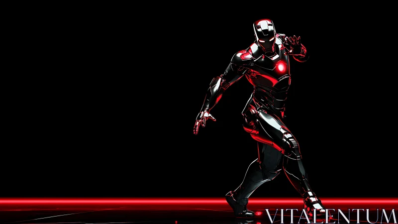 Neon armored sentinel racing along a razor-red horizon line.