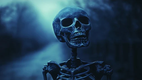 Nocturnal skeletal portrait under cold volumetric blue fog.