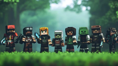 Voxel adventurer lineup with stylized depth-of-field forest render