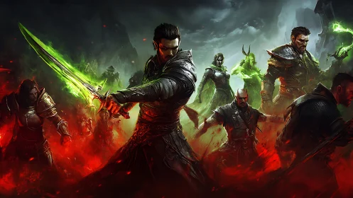 Dark fantasy warband advances through infernal green ether