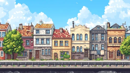 Pixel art city street with colorful old town houses.