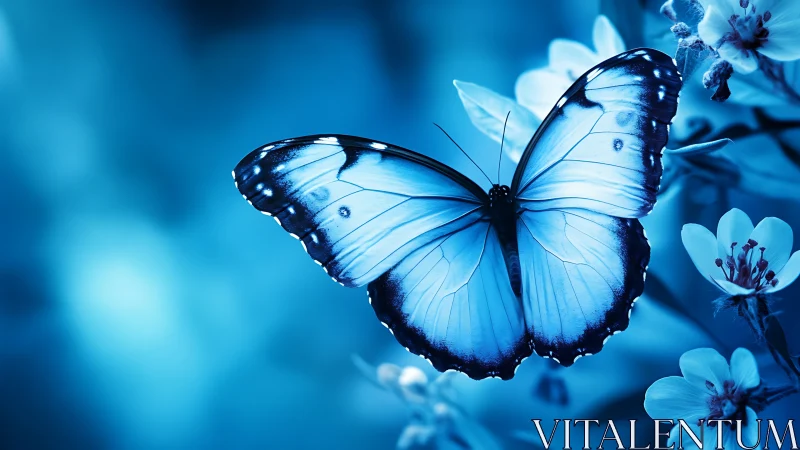 Blue butterfly rests on blossoms in dreamy soft focus.