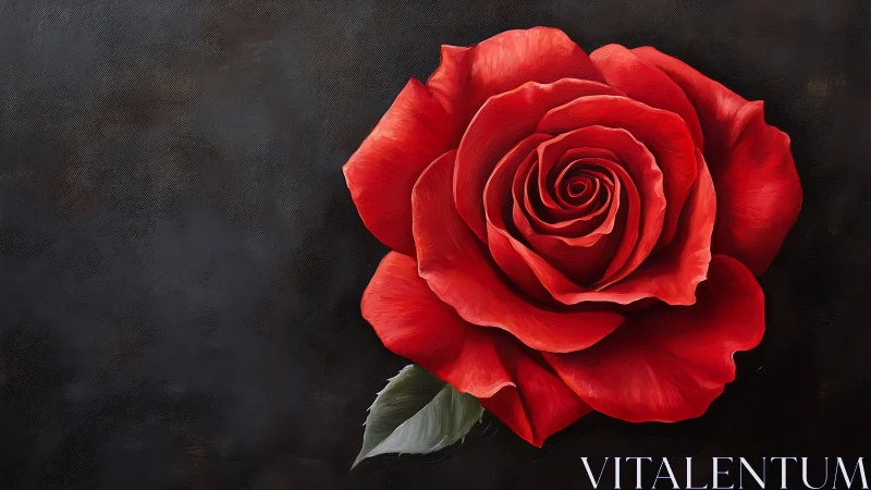 Red Rose with Green Leaf Against Dark Background