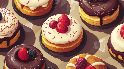 Assorted iced pastries with berries arranged in overhead view