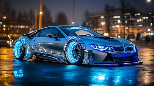 Futuristic BMW sports car glows on a neon‑lit city street