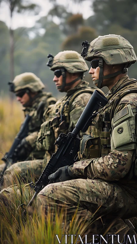 Soldiers kneel in tall grass, focused during field patrol