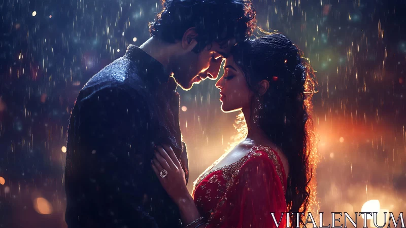 Rainy Embrace: Neon-Lit Romance in the Downpour.