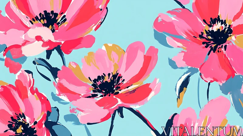 Pink Cosmos Blooms Against Turquoise Sky.