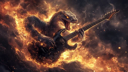 Fire serpent shreds electric guitar in molten inferno.
