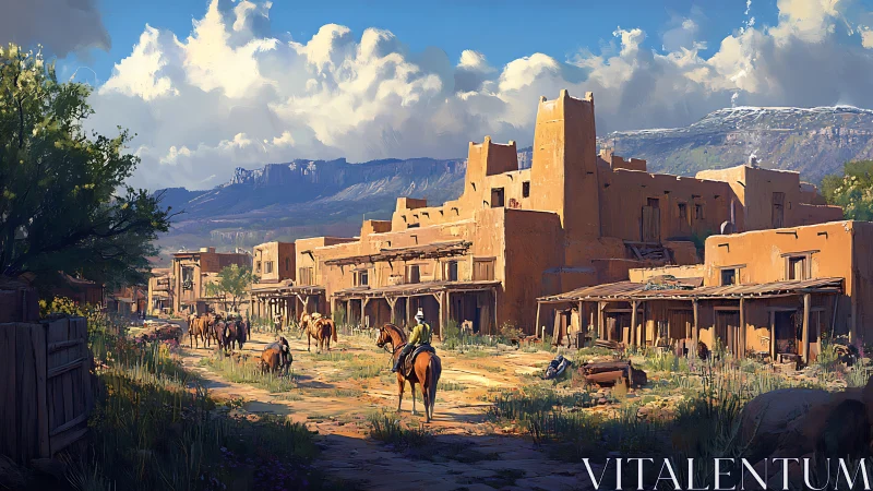 Quiet adobe frontier town street with riders and horses.