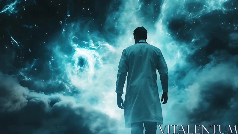 Cosmic Labcoat Voyager Gazing Into Turbulent Neon Nebulae.