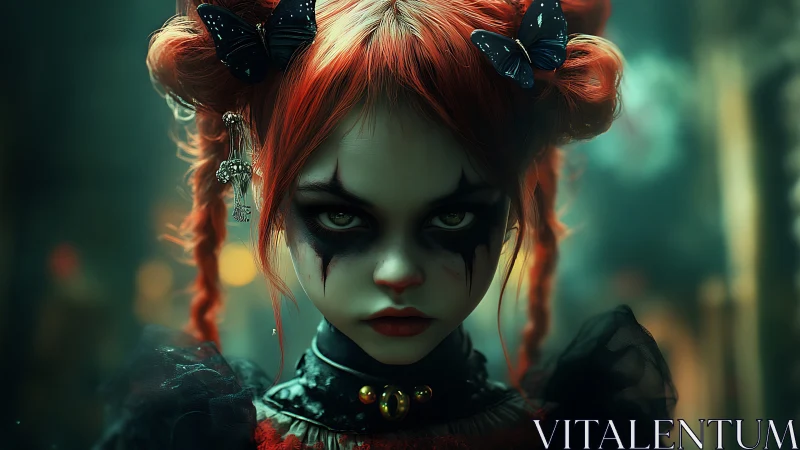 Gothic doll portrait with chiaroscuro clown cosmetics study.