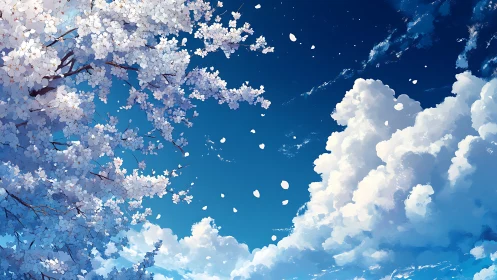 Blossoming cherry tree crowns expansive cumulus clouds in sky
