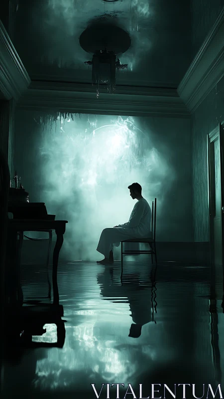 Lone dreamer adrift in a flooded teal corridor of fogged light.