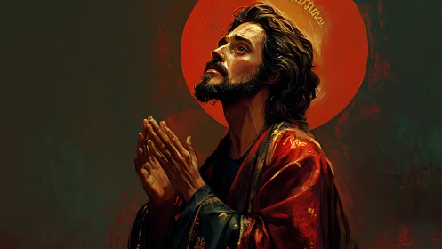 Digital painting of praying saint with radiant halo emphasis.