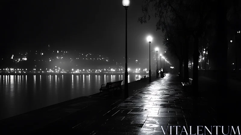 Foggy riverside promenade at night with streetlights lit.