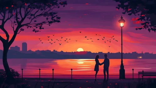 Romantic Waterfront Encounter at Golden Hour Sunset.