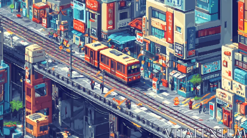 Isometric pixel cityscape with elevated tram and dense signage.