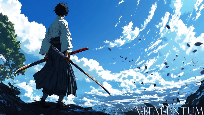 Samurai figure observes distant city beneath dynamic sky