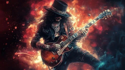 Guitarist in hat playing electric guitar amid abstract light.