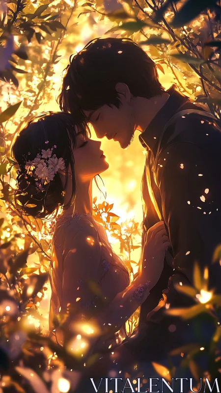 Silhouetted couple in backlit foliage at warm sunset glow.