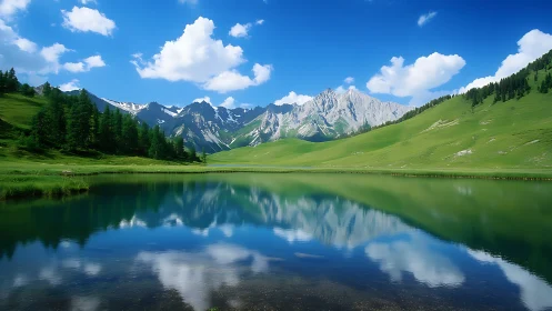 Mountain lake reflects green valleys and jagged alpine peaks