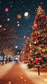 Snowy city street glows with towering Christmas lights at night.