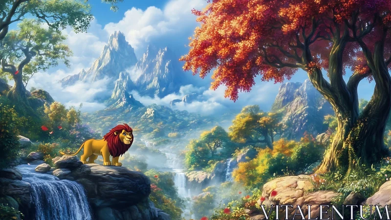 Cartoon lion surveys lush fantasy waterfall valley landscape