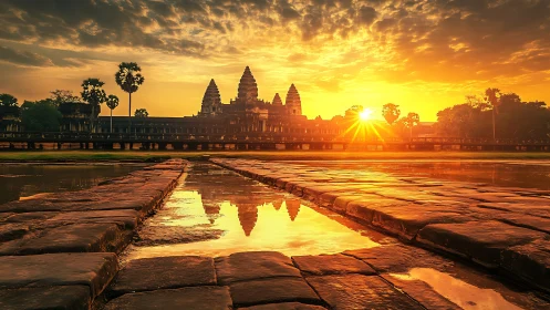 Sunrise illuminates historic temple across reflective causeway