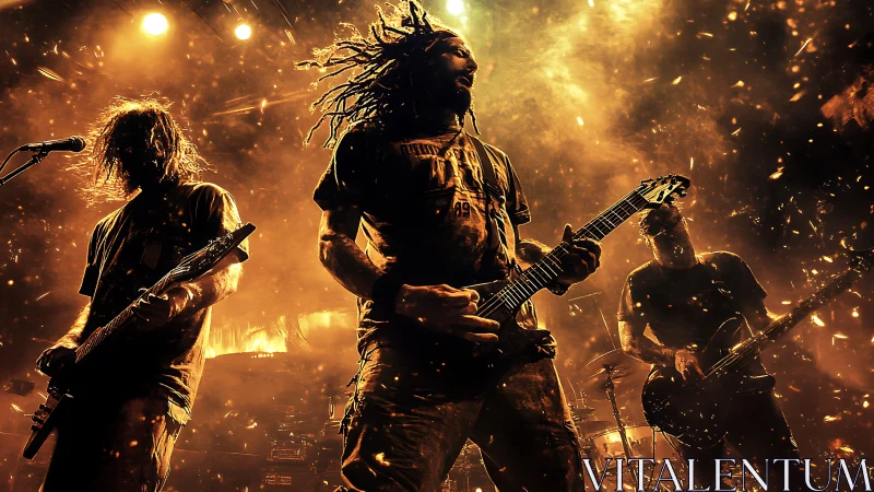 Metal band onstage under pyrotechnic amber backlighting