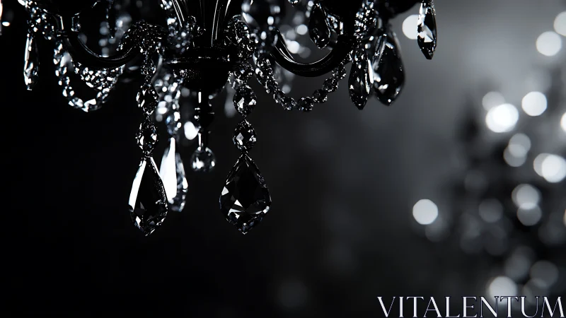 Black crystal chandelier close-up in dramatic low light.
