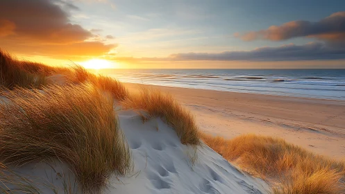 Coastal sand dunes and shoreline are shown at sunset