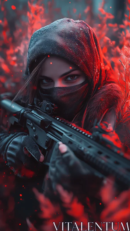 Hooded sniper aiming rifle in red lit winter forest.