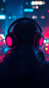 Person with headphones in neon city night environment.