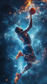 Basketball player midair with ball amid luminous energy field