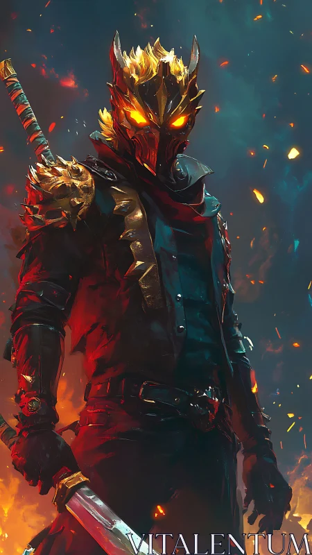 Armored fire warrior with molten helm and embers in dynamic stance